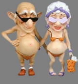 Funny picture of old man and old woman in bathing suits